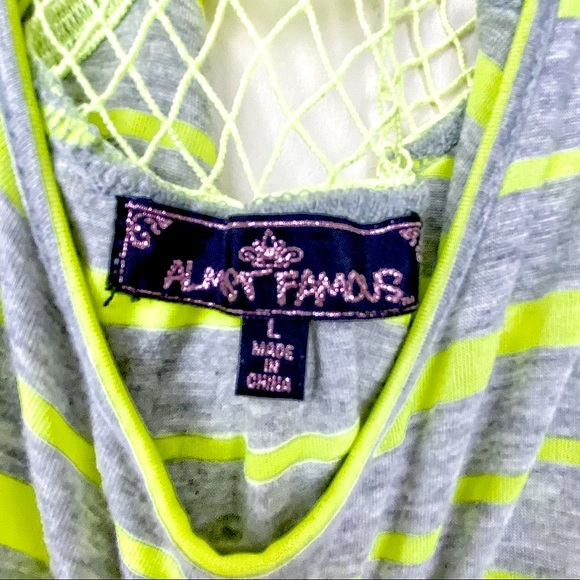 Almost Famous Stripe Crochet Lace Racerback Tank Top Shark Bite Hem Gray Lime L - Picture 10 of 13